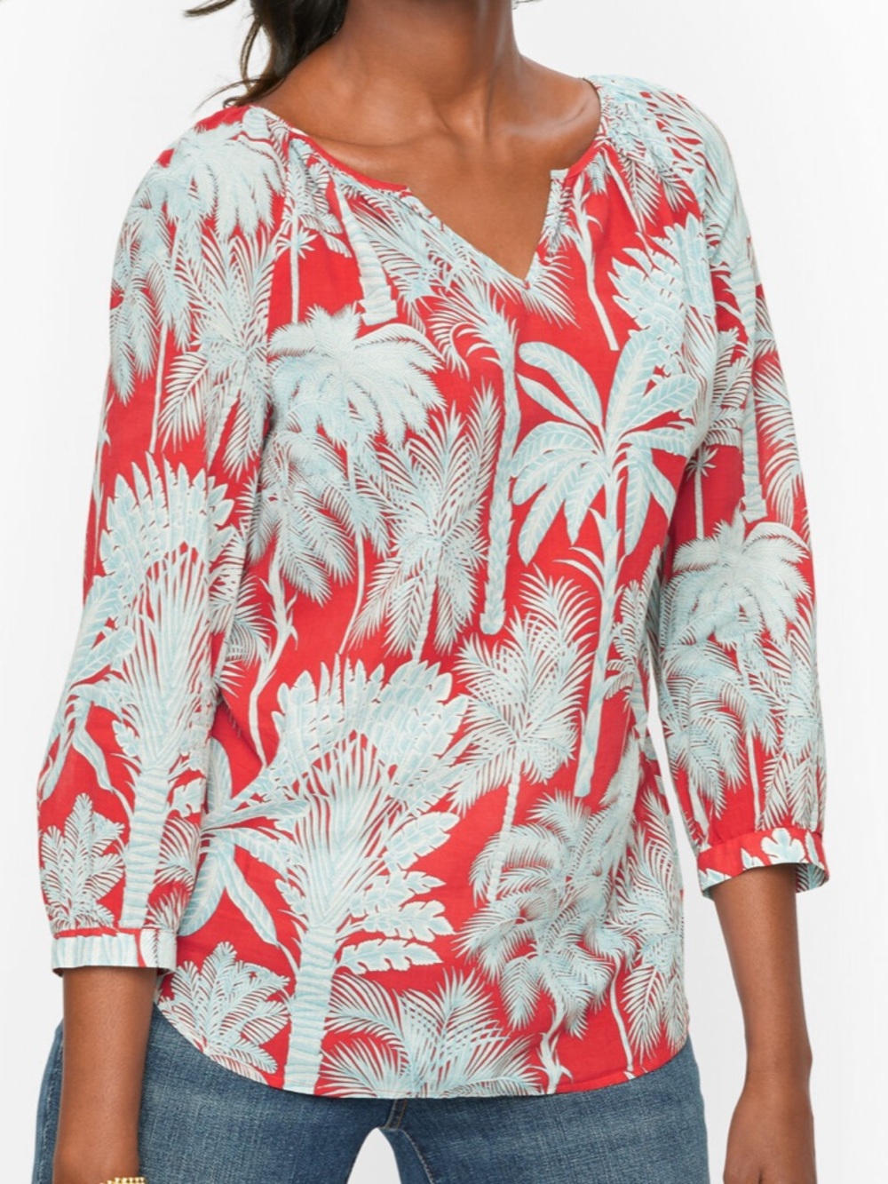 Talbots Oasis Palms Crinkle Gauze Popover Blouse XL 3/4 Sleeves Tropical Resort